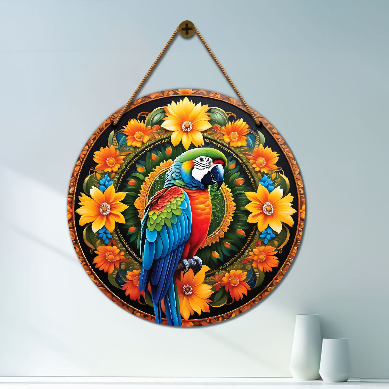 Parrot in green and floral mandala Round Wooden Wall Hanging for wall Décor - Design - 126