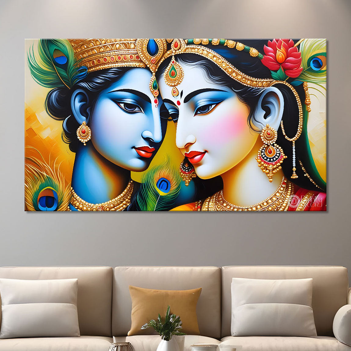 Blue face of Krishna and Radha with yellow background painting Canvas Painting - Design - Krishna-126