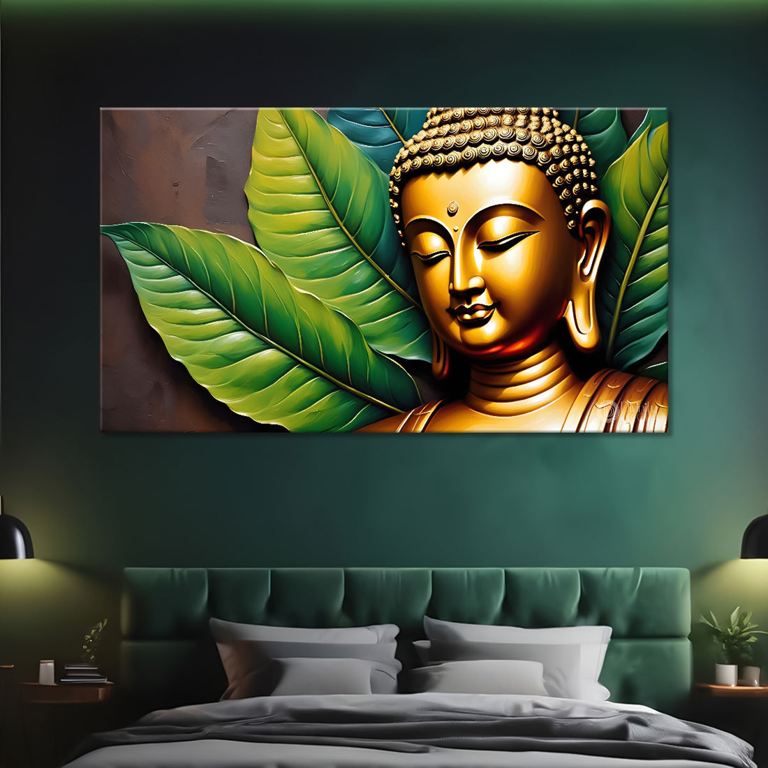 Golden buddha with leaves background textured painting Canvas Wall Painting - Buddha-126