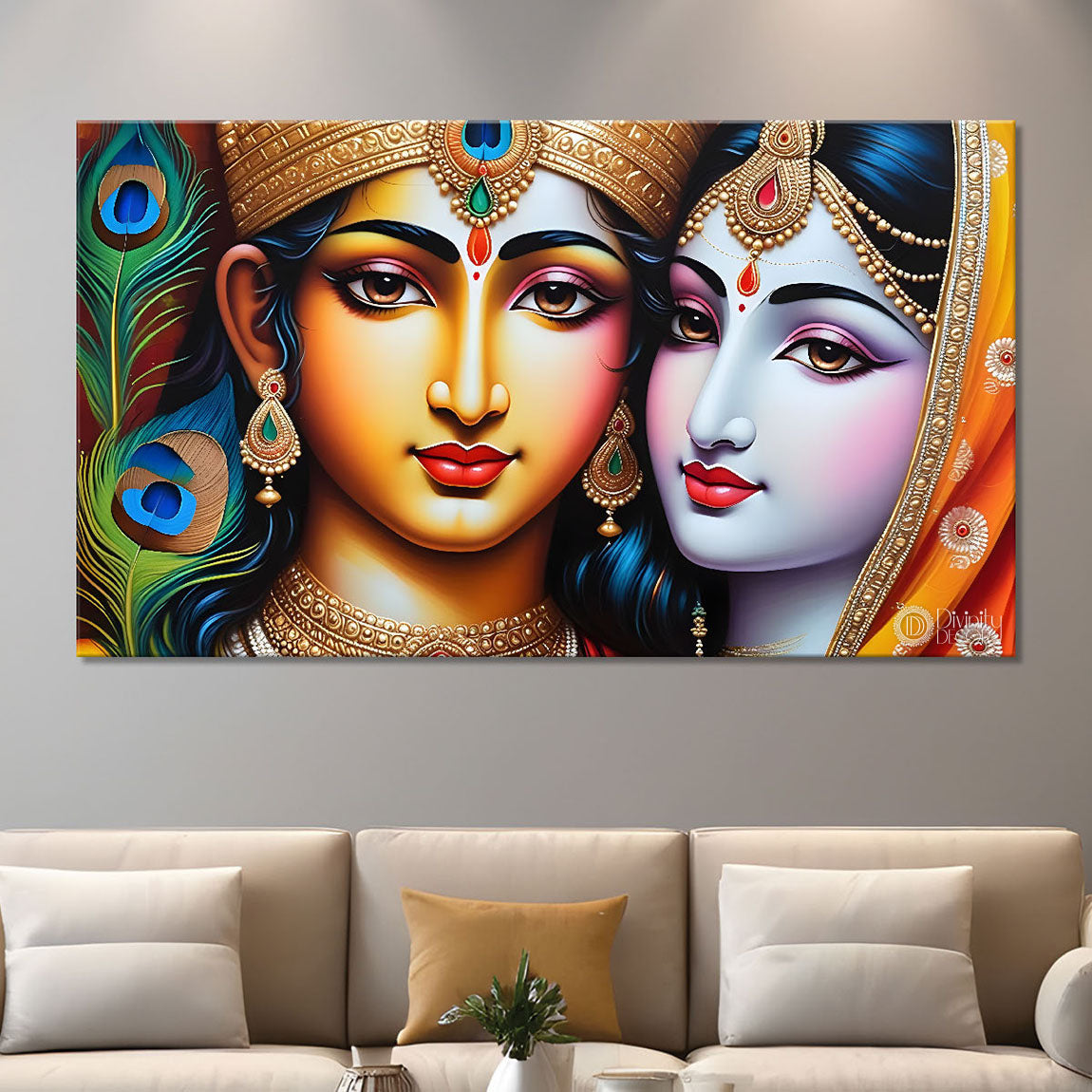 Blue face of Krishna and Radha with peacock feather background painting Canvas Painting - Design - Krishna-127