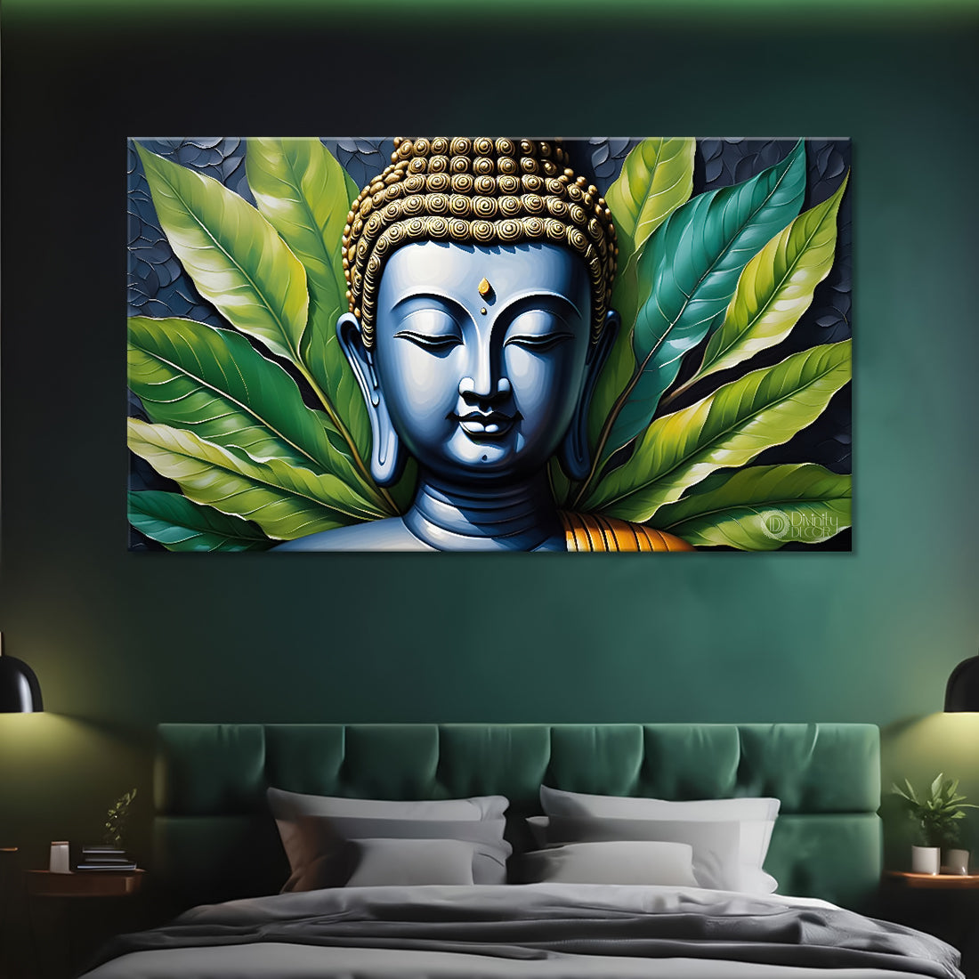 Buddha with leaves background textured painting Canvas Wall Painting - Buddha-127