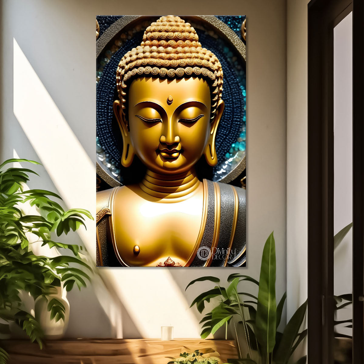 Golden buddha with dark background textured painting - Buddha-V-127