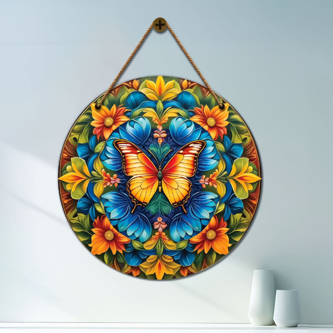 Yellow butterfly in green and blue mandala Round Wooden Wall Hanging for wall Décor - Design - 127