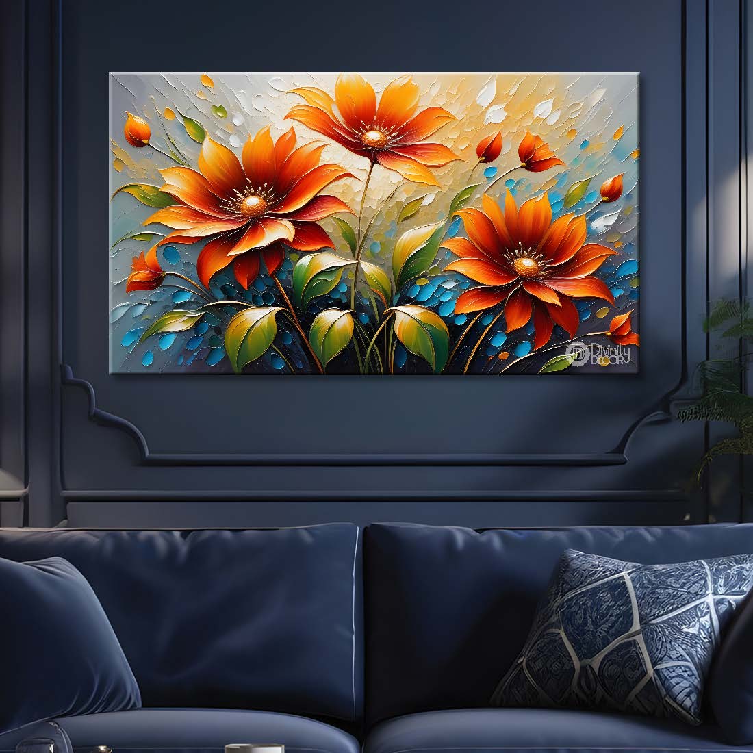 Orange flowers with grey textured background painting- Design - Flower-127