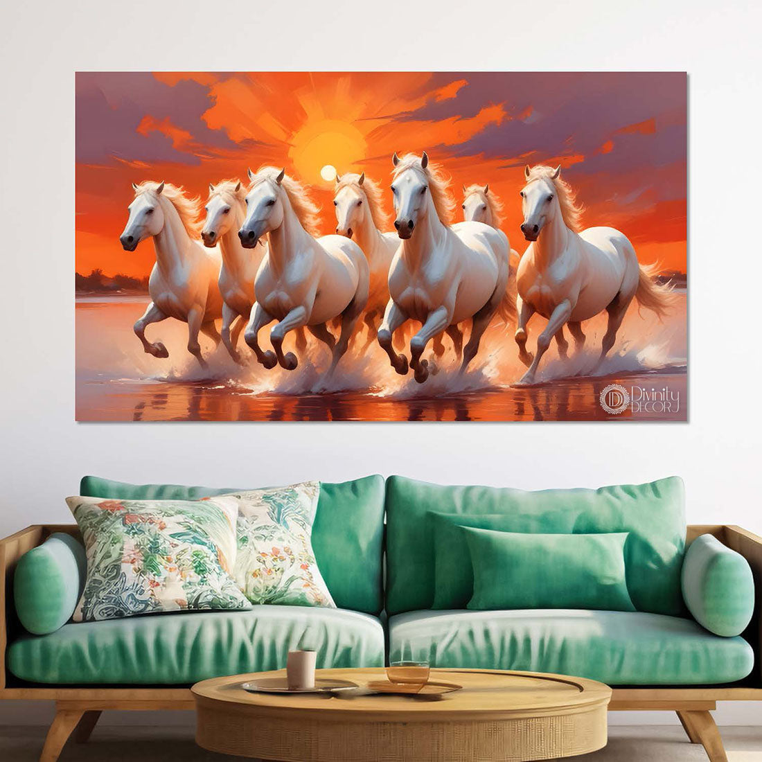 White horses running on the water with sunset textured background art Canvas Painting - Design - Horse-127