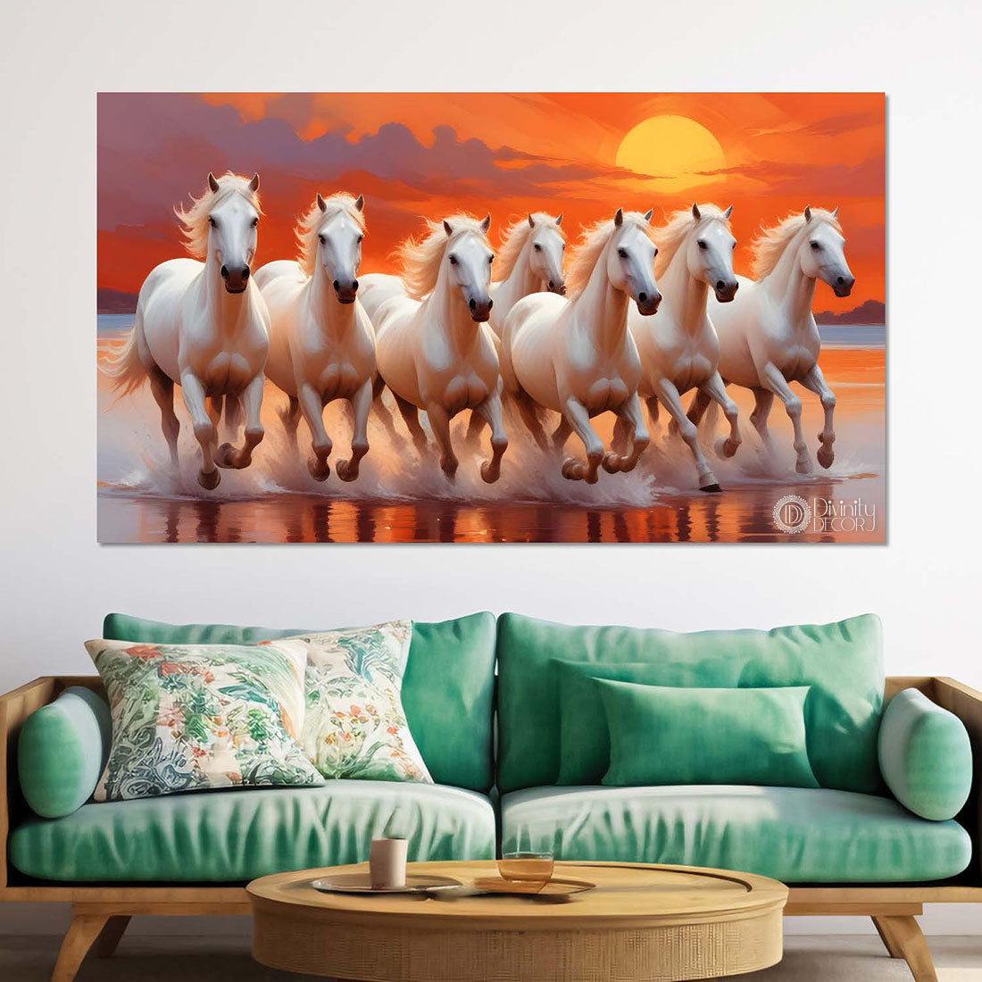 White horses running on the water with sunset textured background art Canvas Painting - Design - Horse-128