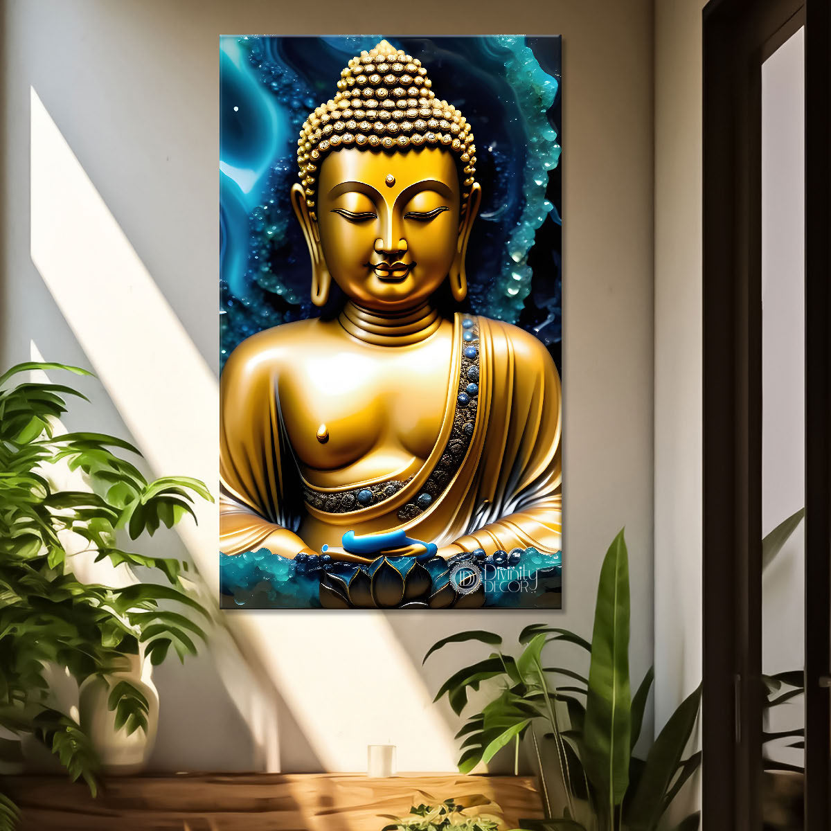 Golden buddha with blue background textured painting - Buddha-V-128