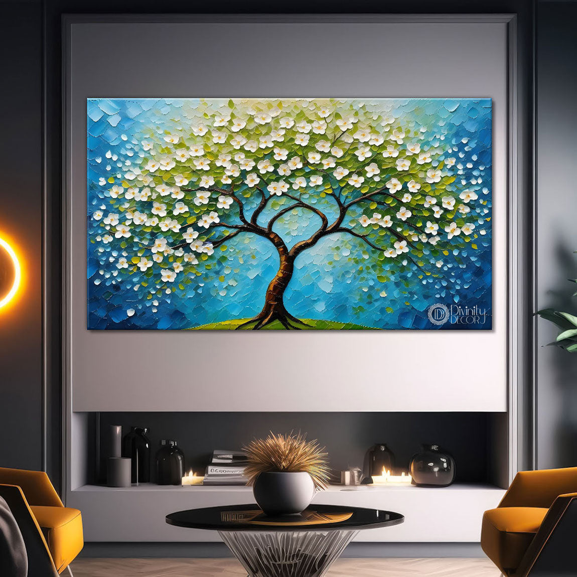White flower tree in textured background oil painting- Design - Tree-128