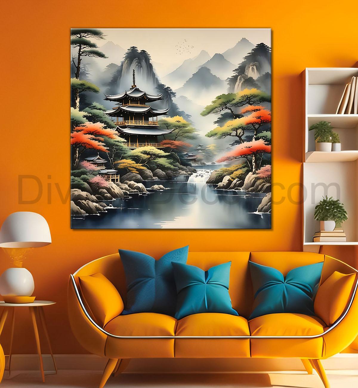 Mountains with tree and river painting  24X24 - Nature Art -S-128