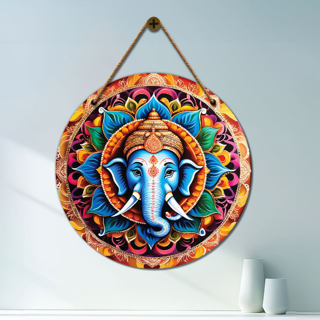 Ganesh Ji in blue and red mandala Round Wooden Wall Hanging for wall Décor - Design - 128