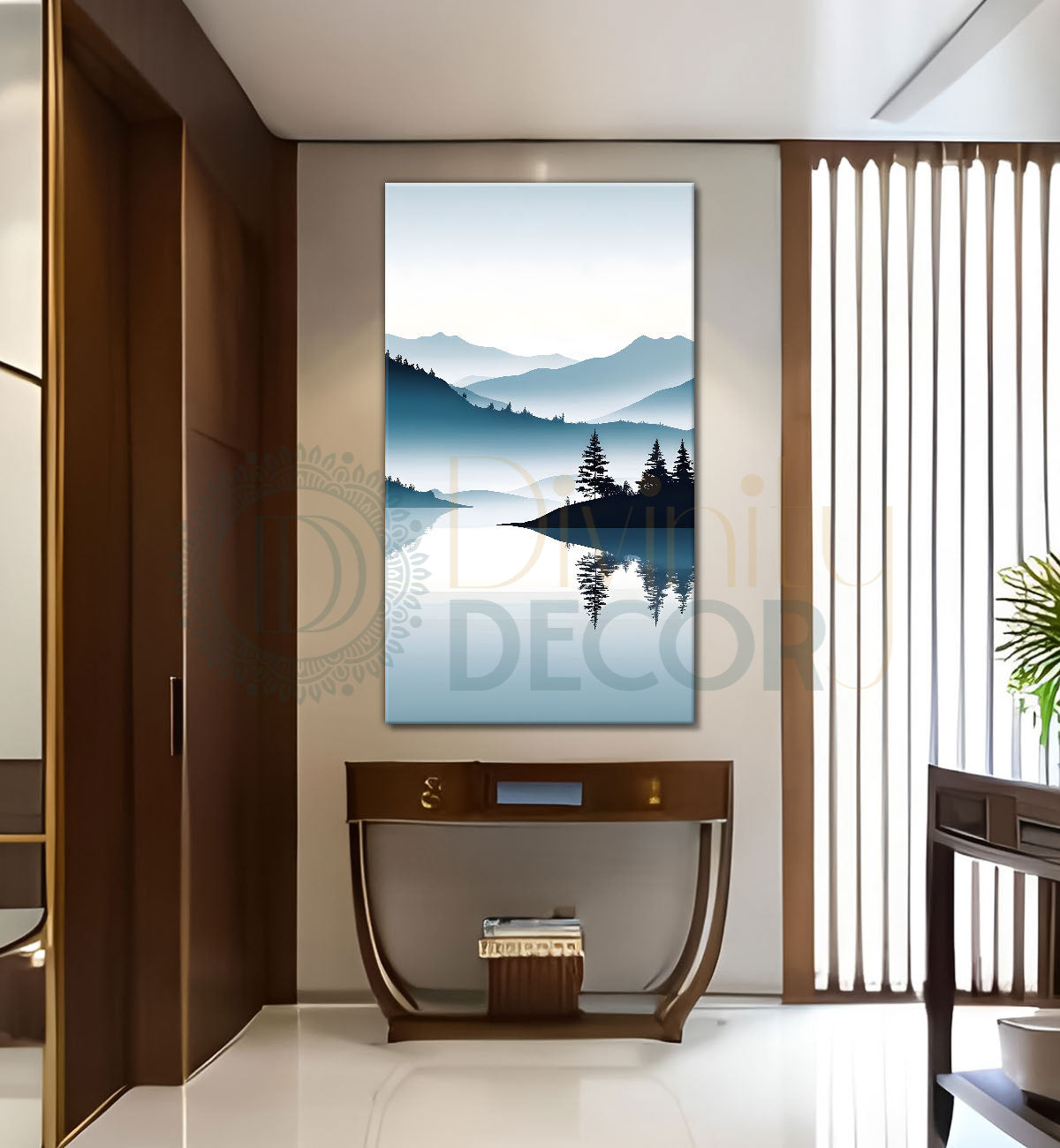 Mountains with river and trees in grey textured water colour painting Canvas Painting - Nature Art -V-128