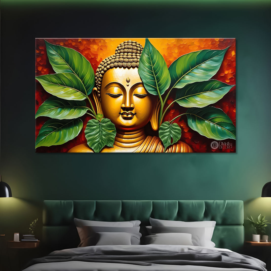 Golden buddha with leaves background textured painting Canvas Wall Painting - Buddha-128