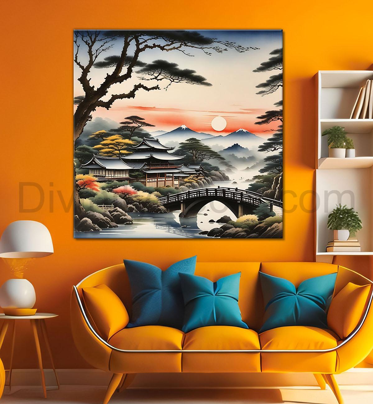 Trees with bridge and sunset painting  24X24 - Nature Art -S-129