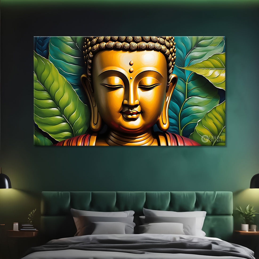 Golden buddha with leaves background textured painting Canvas Wall Painting - Buddha-129