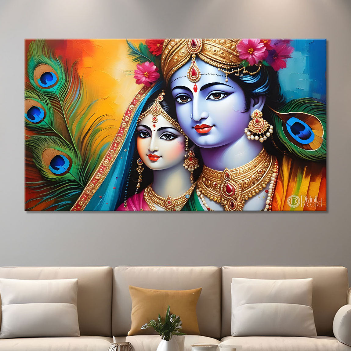 Blue face of Krishna and Radha with yellow and peacock feather background painting Canvas Painting - Design - Krishna-129