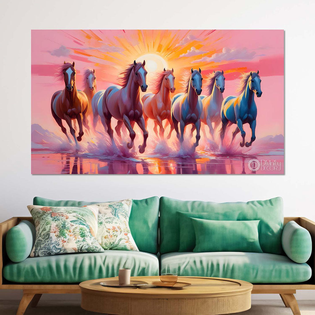 Running horses on the water with sunrise and pink textured background art Canvas Painting - Design - Horse-129
