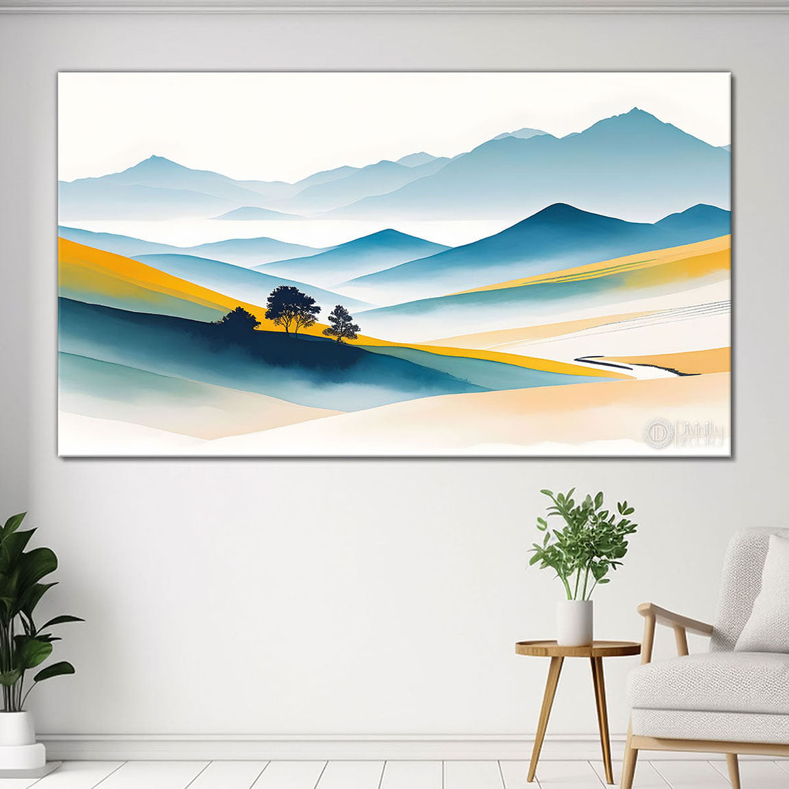 Mountains with trees in textured water color painting Canvas Painting - Nature Art -129