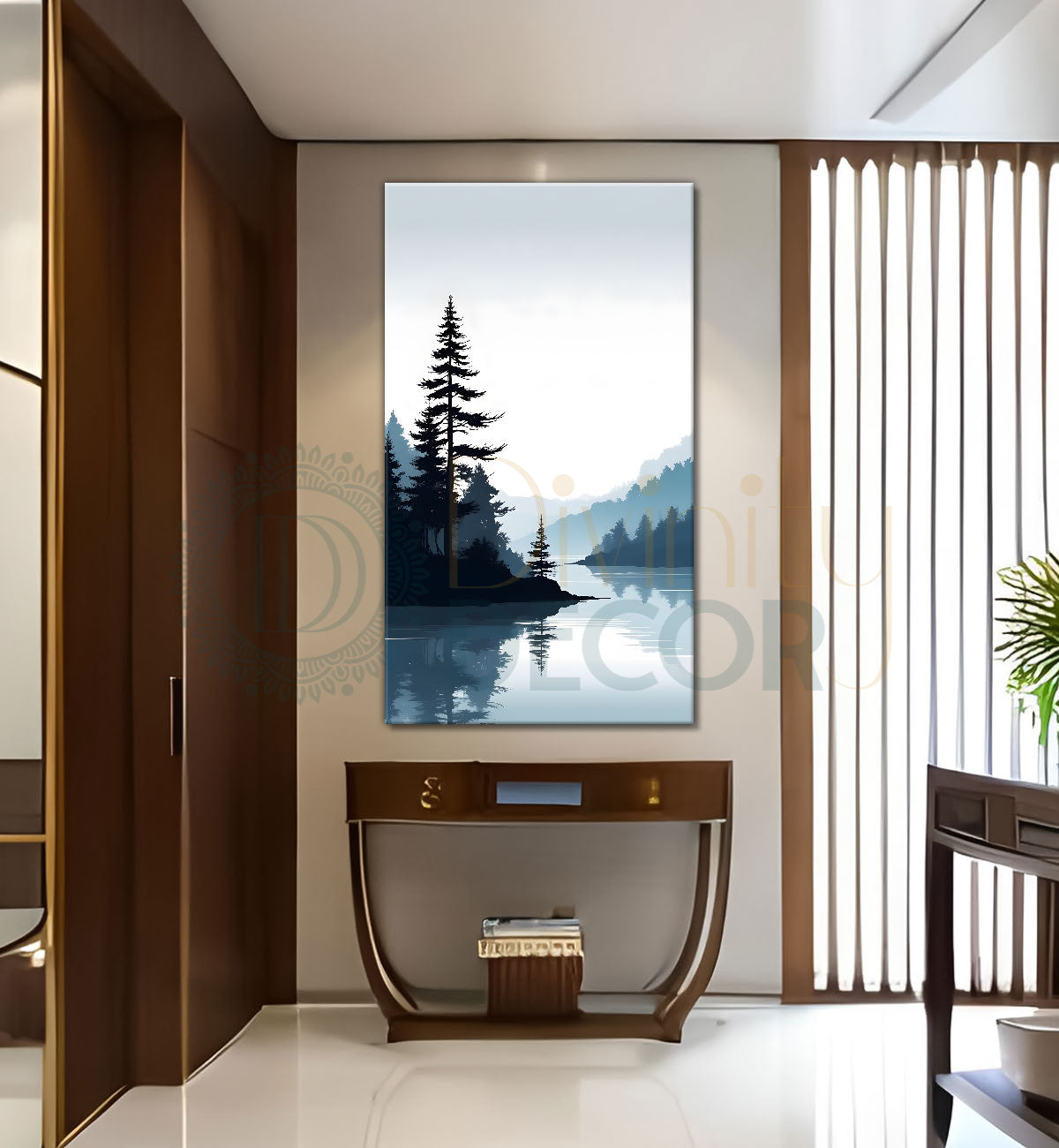 Mountains with river and trees in grey textured water colour painting Canvas Painting - Nature Art -V-129