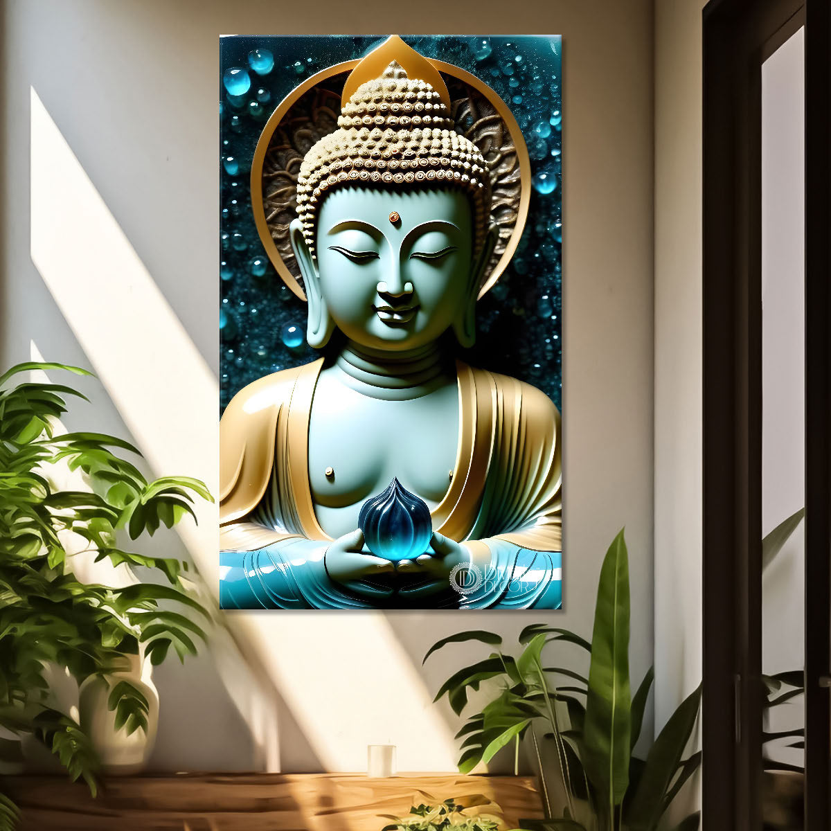Sky blue buddha with golden chakra background - Buddha-V-129