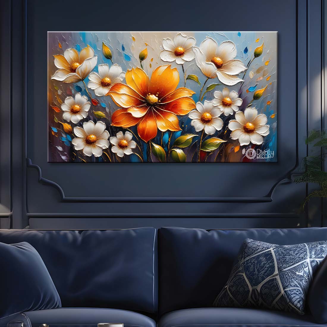 White flowers with blue textured background painting- Design - Flower-129