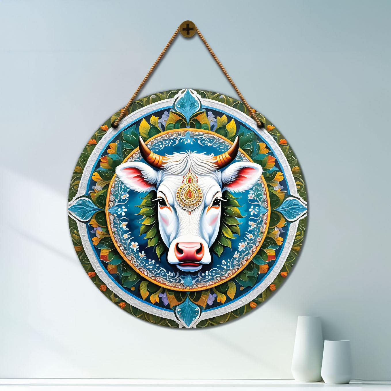Cow in green and blue mandala Round Wooden Wall Hanging for wall Décor - Design - 129