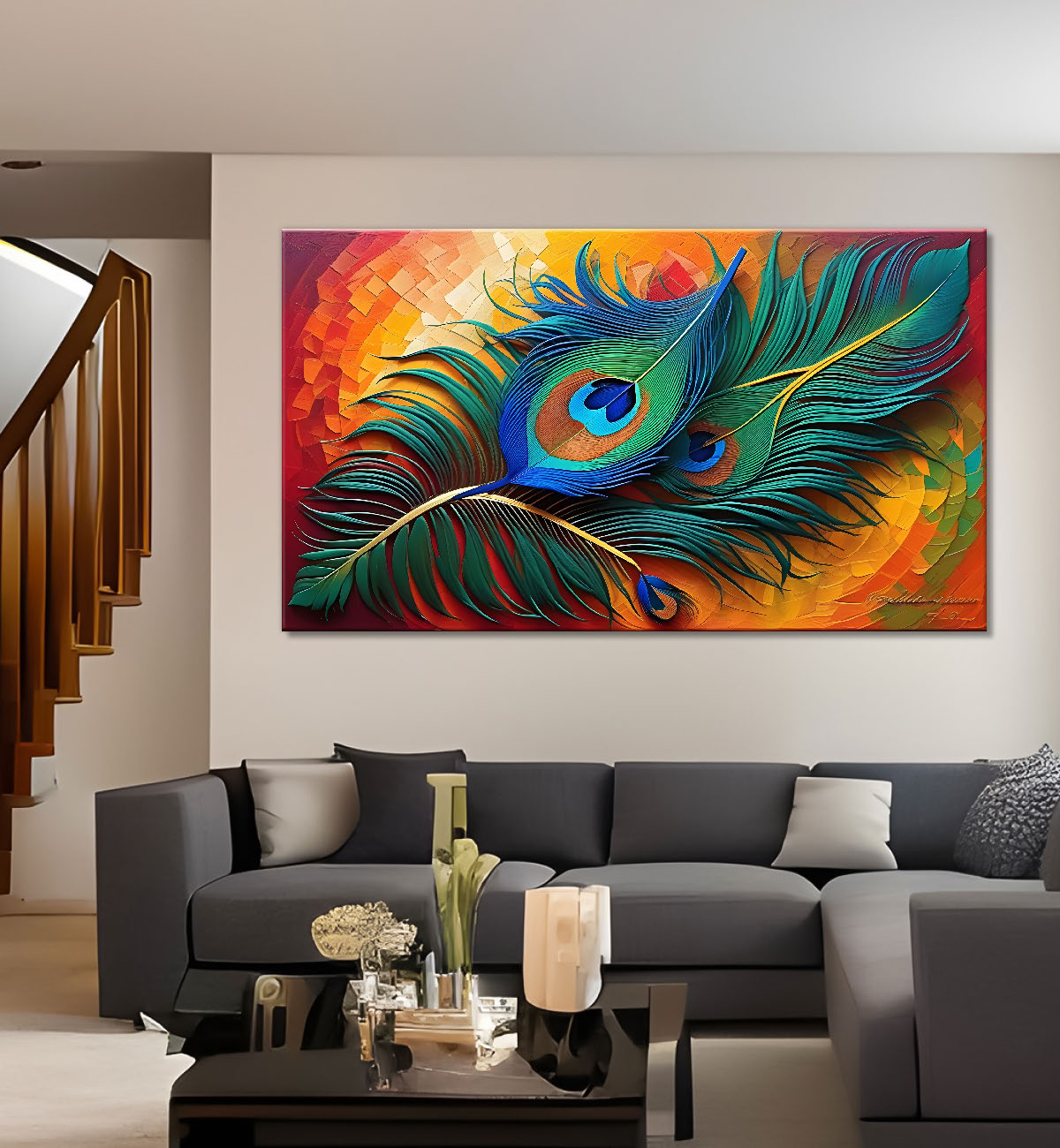Peacock feather with bright background textured modern art Canvas Painting - Design - Peacock-12
