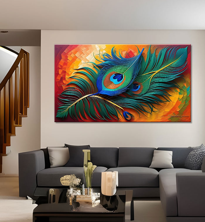 Peacock feather with bright background textured modern art Canvas Painting - Design - Peacock-12