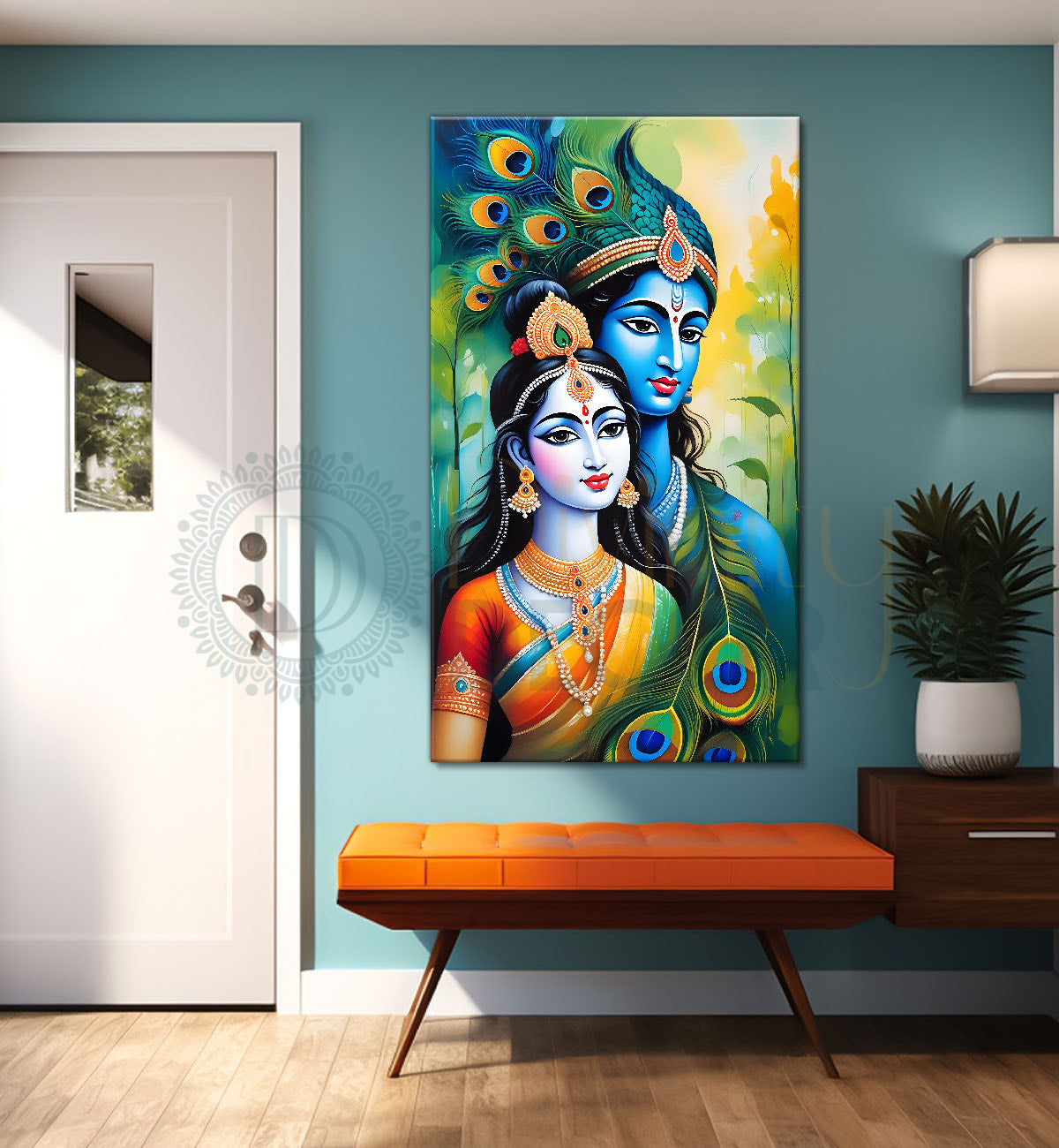 Blue face of krishna with radha in peacock feathers background textured art Canvas Painting - Design - Krishna-V-12