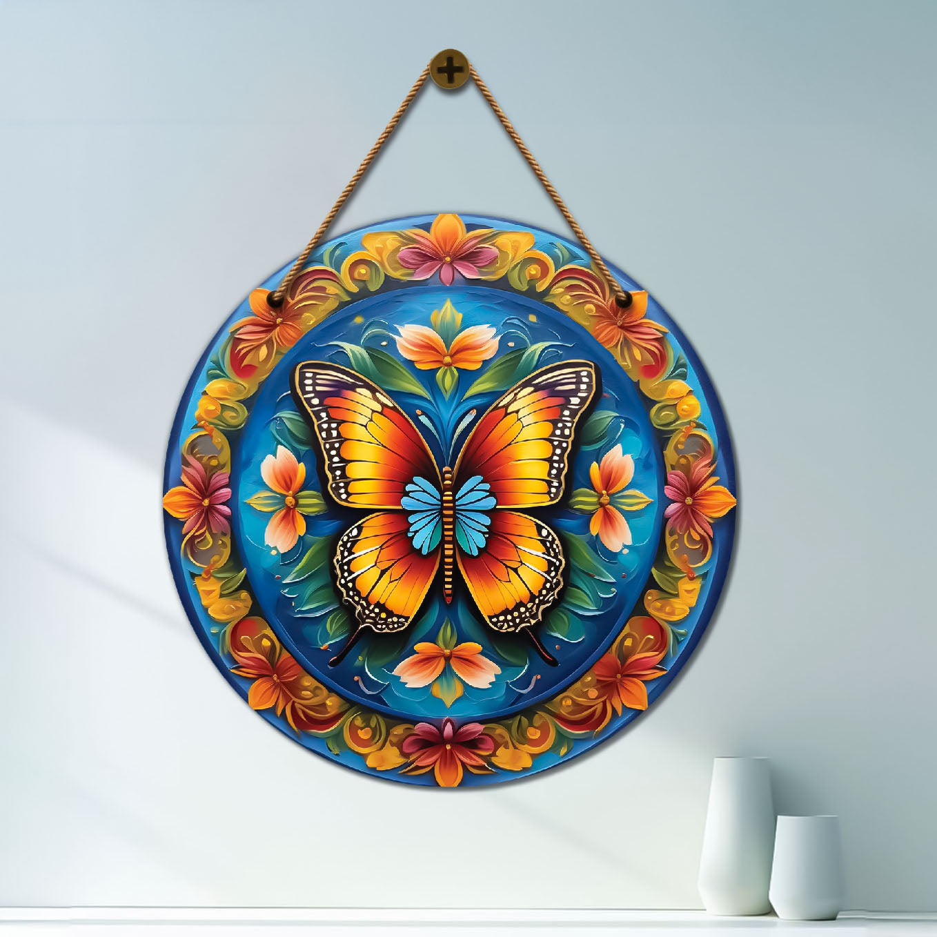Butterfly in blue and orange mandala Round Wooden Wall Hanging for wall Décor - Design - 130