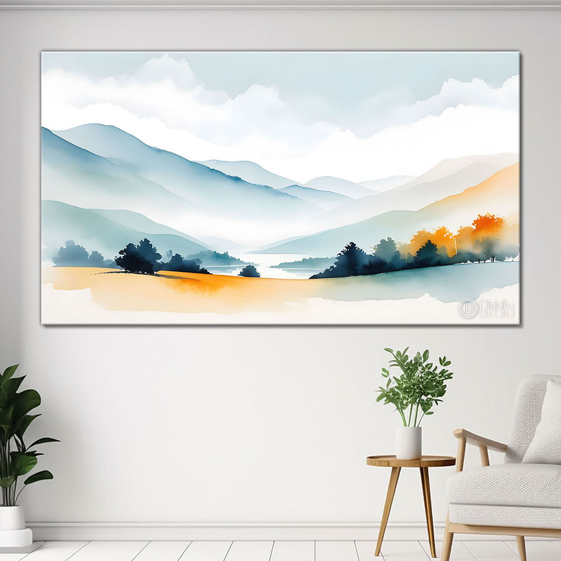 Mountains with trees in textured water color painting Canvas Painting - Nature Art -130