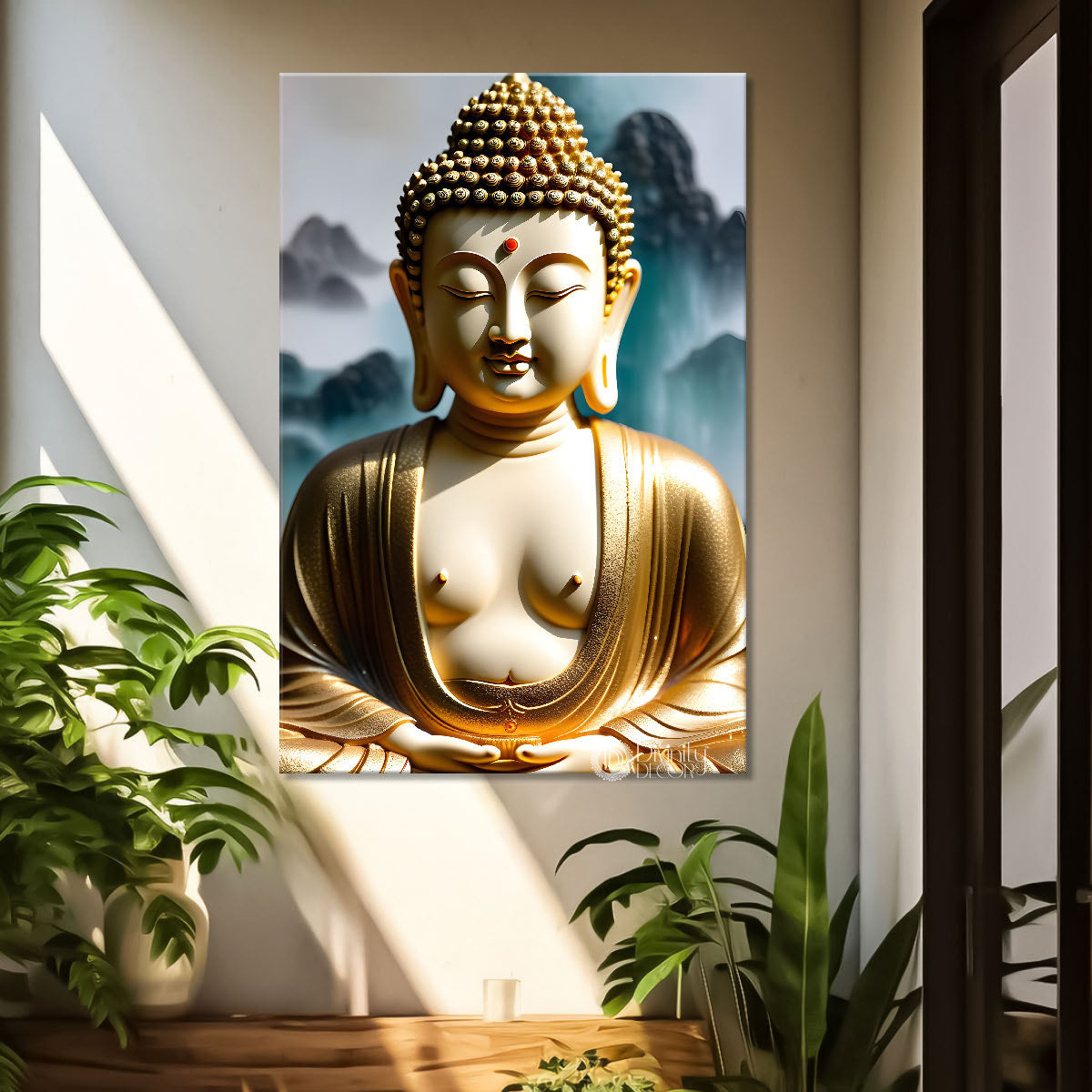 Golden buddha with grey background textured painting- Buddha-V-130