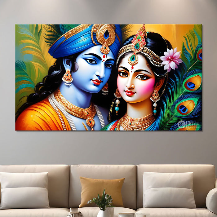 Blue face of Krishna and Radha with yellow background painting Canvas Painting - Design - Krishna-130