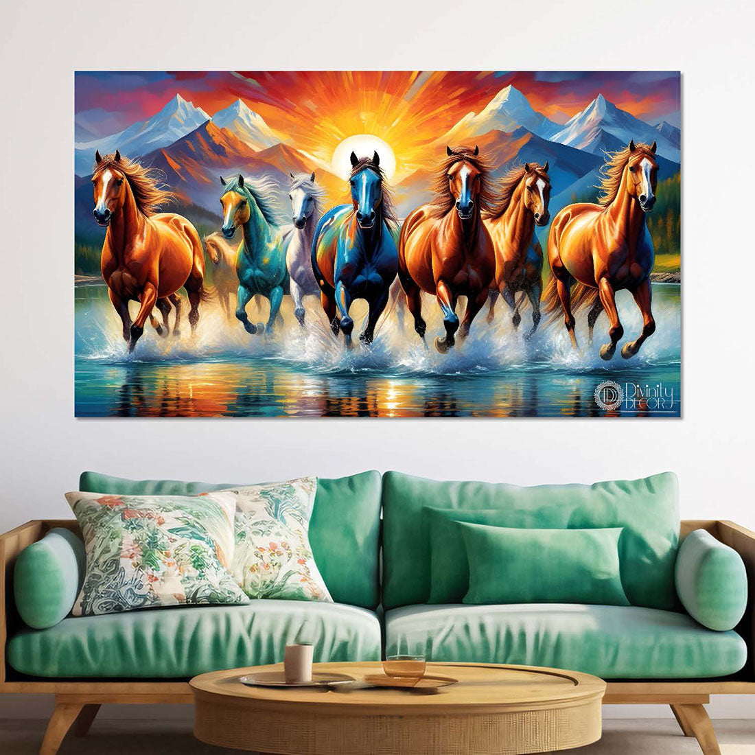 White and brown horses running on the water with mountains and sunrise textured background art Canvas Painting - Design - Horse-130