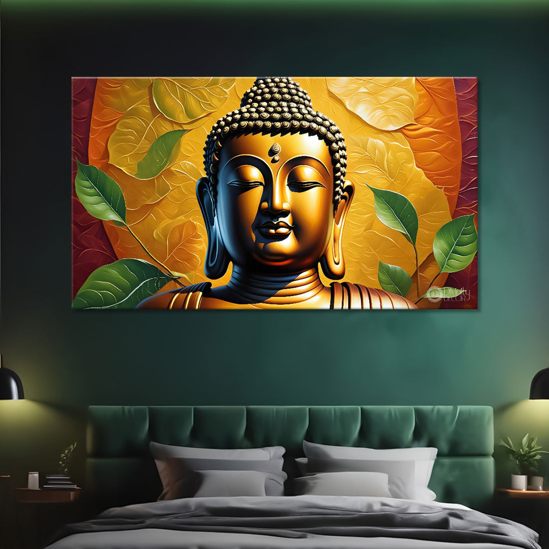 Golden buddha with leaves background textured painting Canvas Wall Painting - Buddha-130