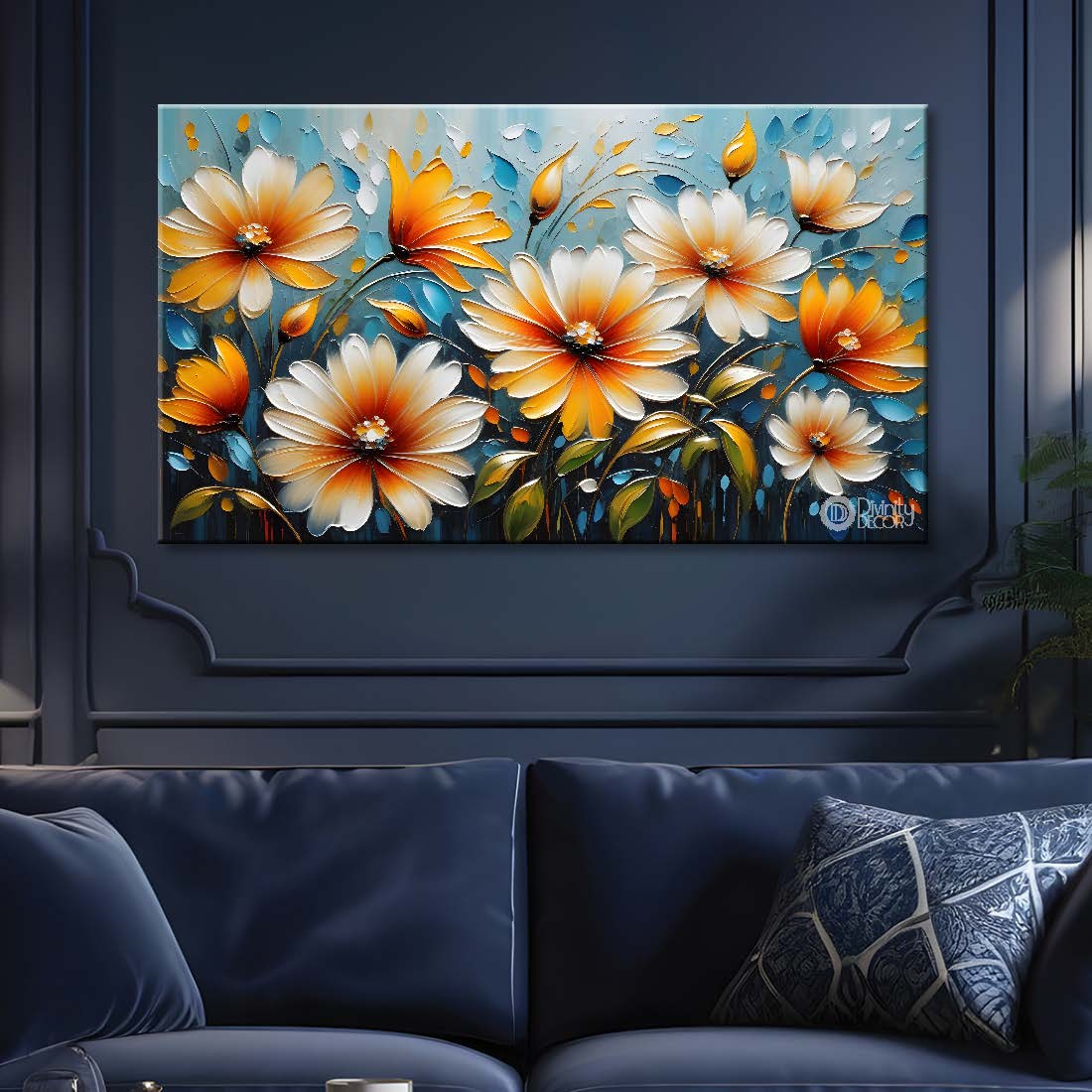 White flowers with blue textured background painting- Design - Flower-130