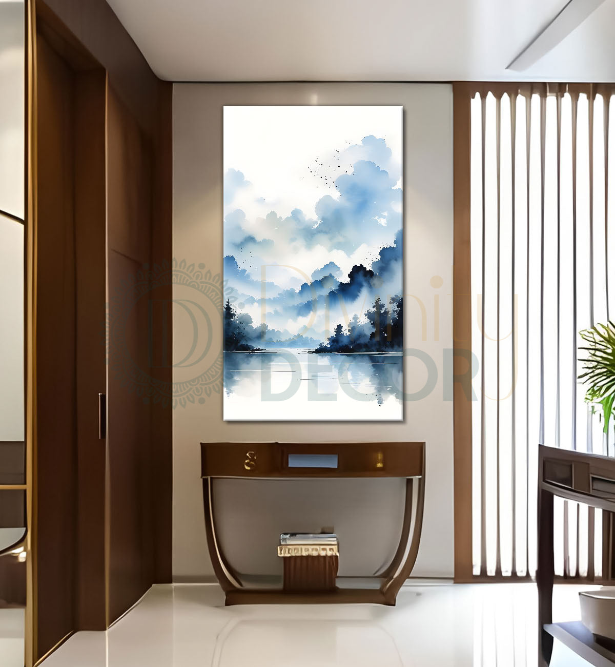 Mountains with river and trees in grey textured water colour painting Canvas Painting - Nature Art -V-130