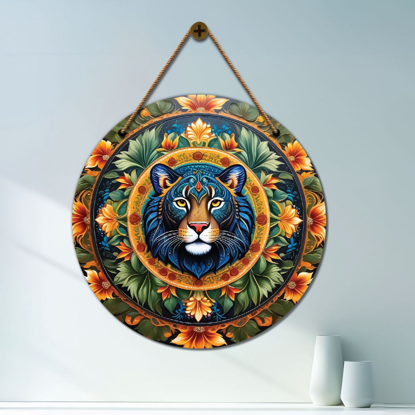 Blue lion in green and yellow mandala Round Wooden Wall Hanging for wall Décor - Design - 131