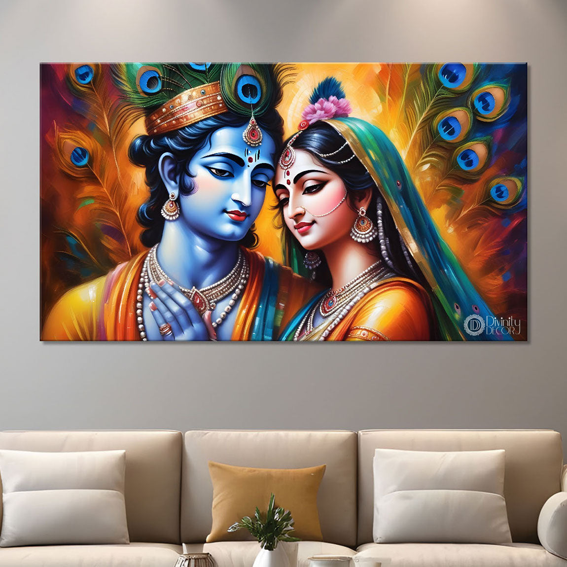 Blue face of Krishna and Radha with yellow and peacock feather background painting Canvas Painting - Design - Krishna-131