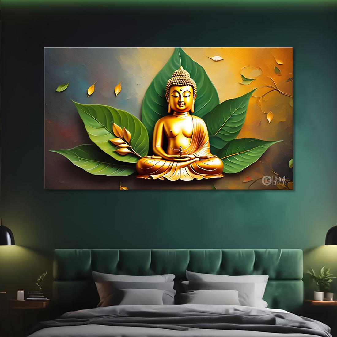 Buddha with leaves background textured painting Canvas Wall Painting - Buddha-131