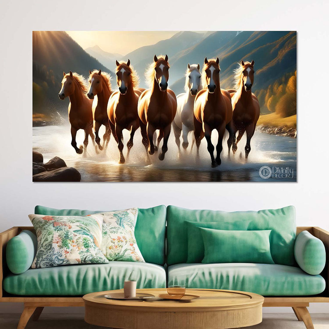 Brown horses running on the water with mountains and yellow textured background art Canvas Painting - Design - Horse-131