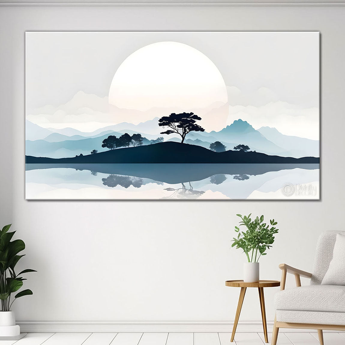 Mountains with trees and river in sunset in textured water color painting Canvas Painting - Nature Art -131