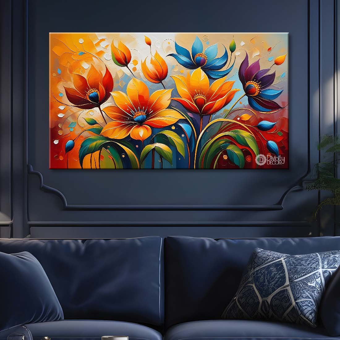 Orange flowers with blue textured background painting- Design - Flower-131