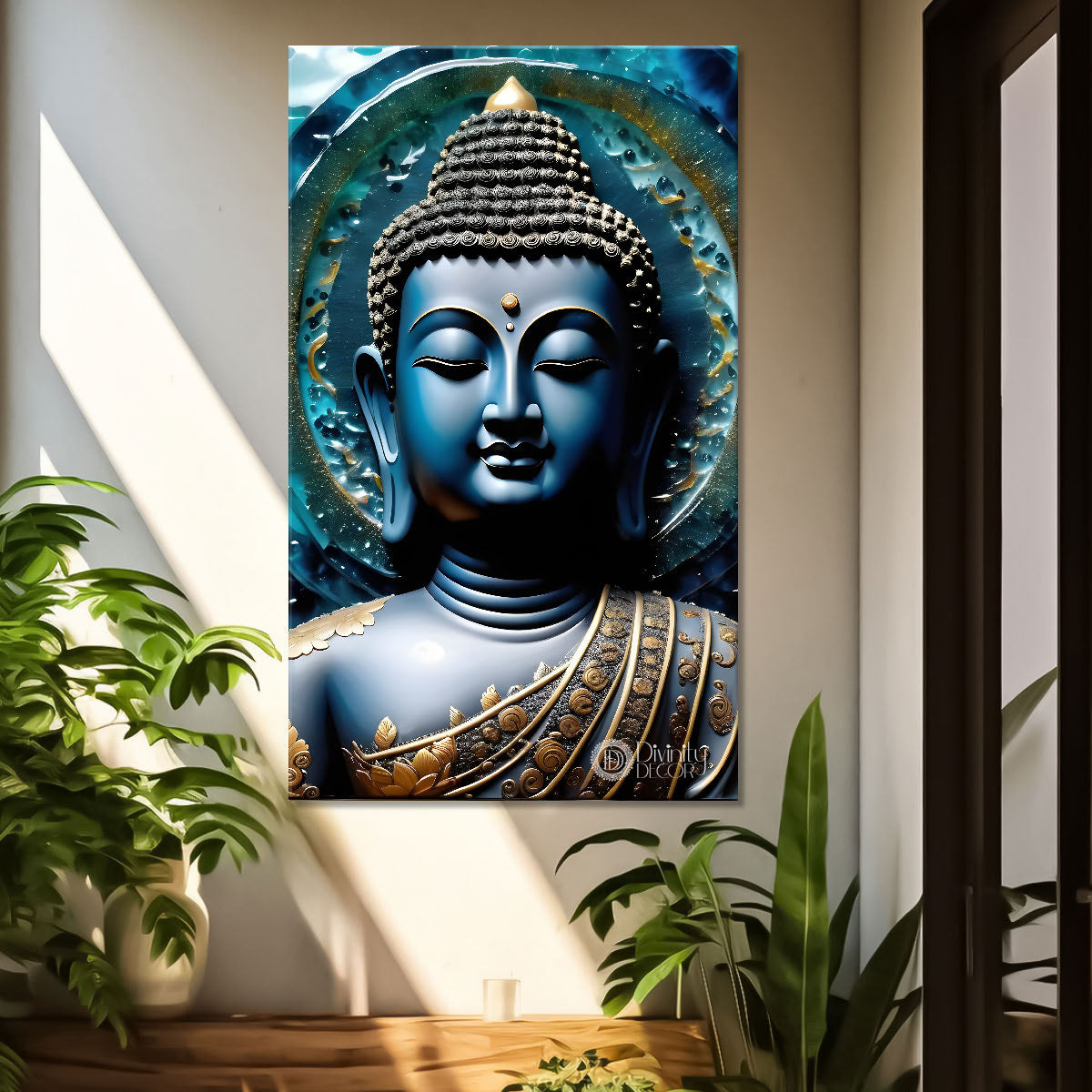 Dark blue textured buddha with dark background - Buddha-V-131