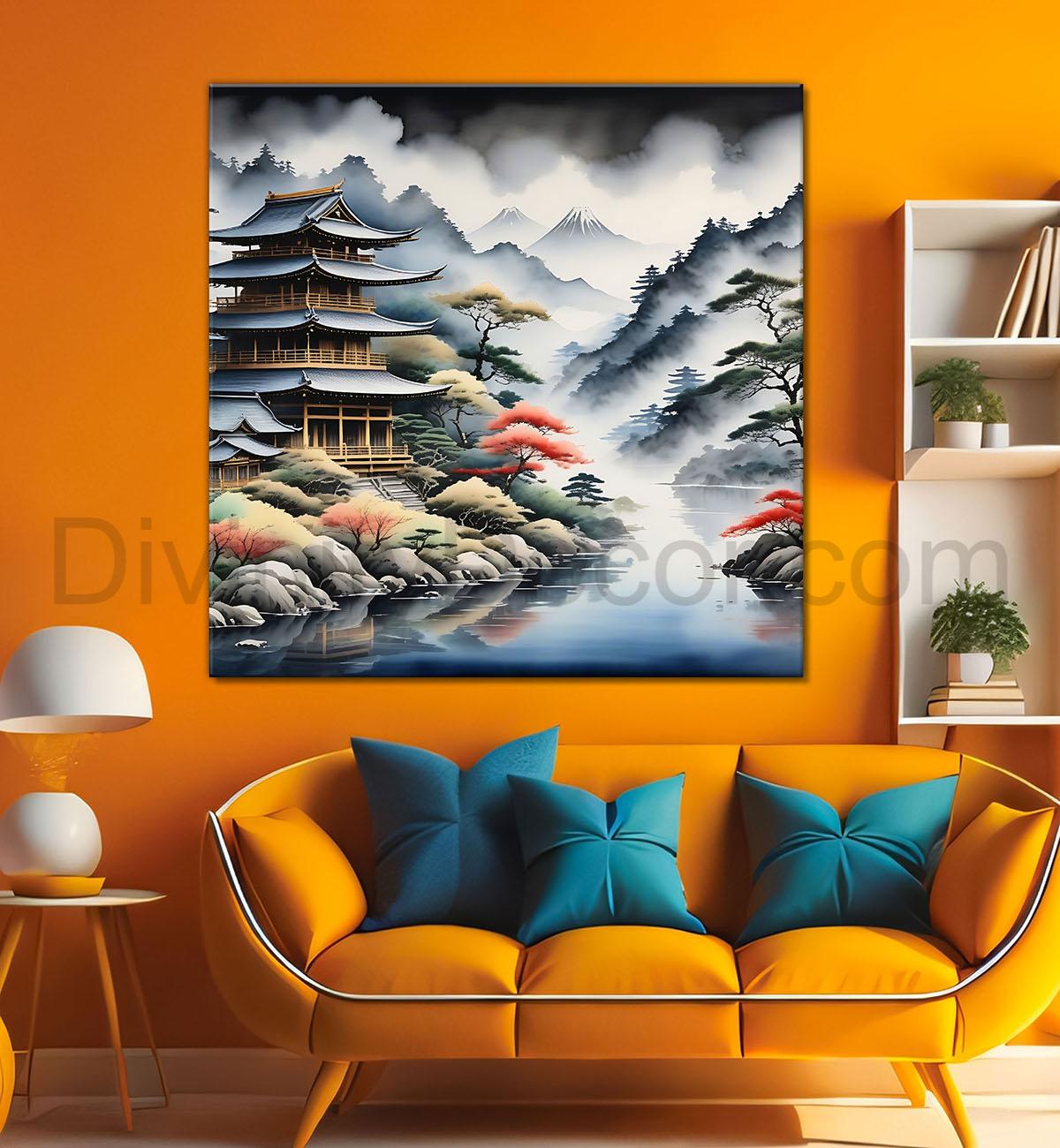 mountains with river painting  24X24 - Nature Art -S-132