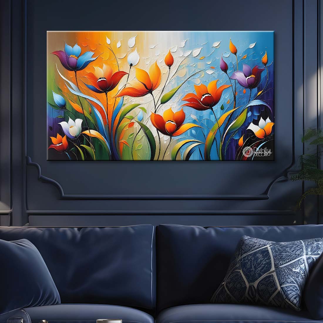 Orange flowers with blue textured background painting- Design - Flower-132