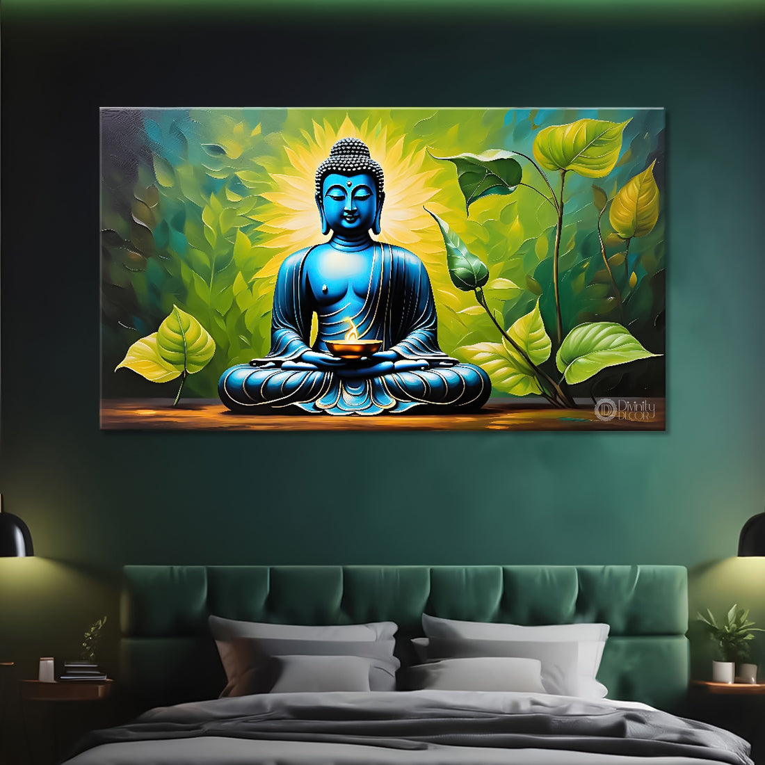 Golden buddha with green background textured painting Canvas Wall Painting - Buddha-132