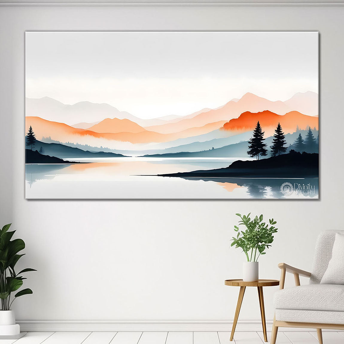 Mountains with trees and river in sunset in textured water color painting Canvas Painting - Nature Art -132