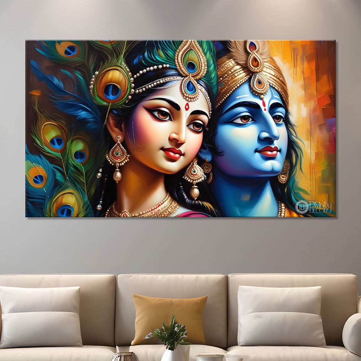 Blue face of Krishna and Radha with yellow and peacock feather background painting Canvas Painting - Design - Krishna-132