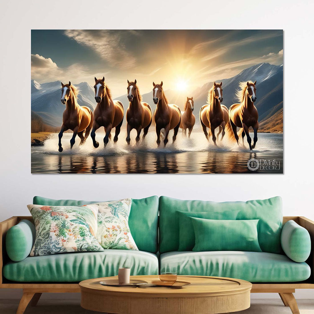 Brown horses running on the water with mountains and yellow textured background art Canvas Painting - Design - Horse-132