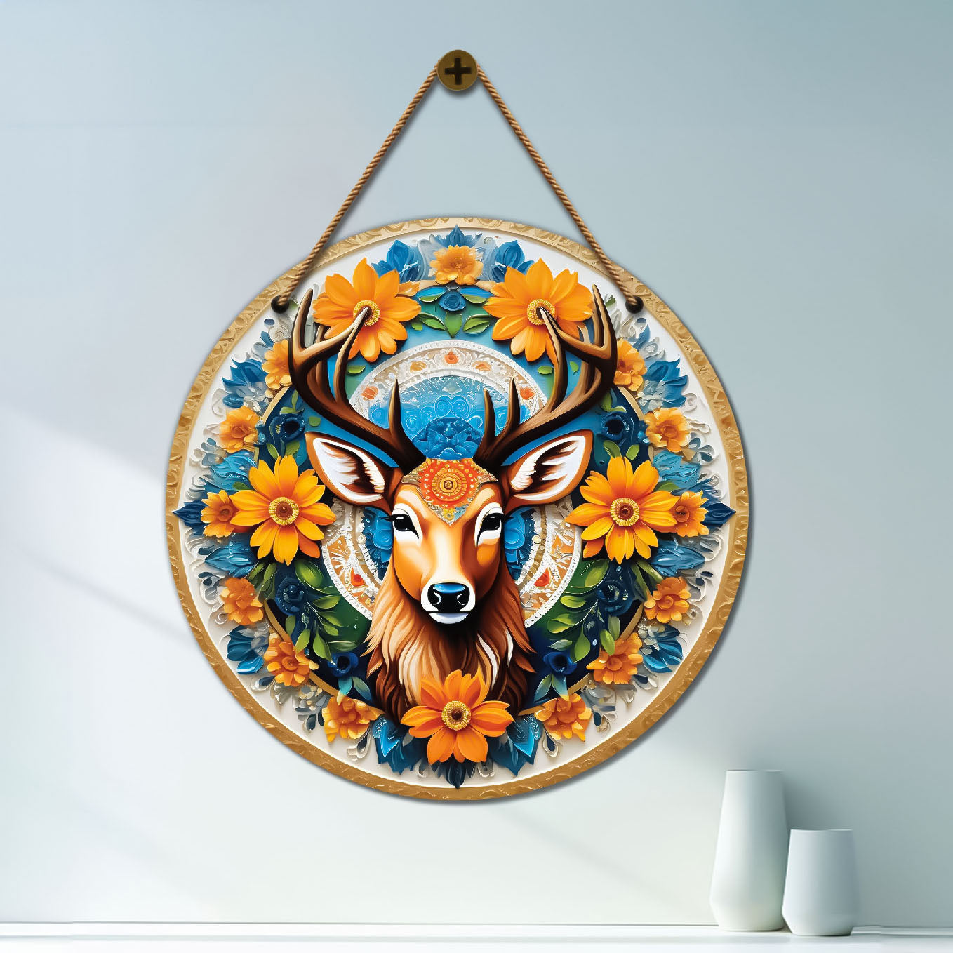 Deer in green and floral mandala Round Wooden Wall Hanging for wall Décor - Design - 132